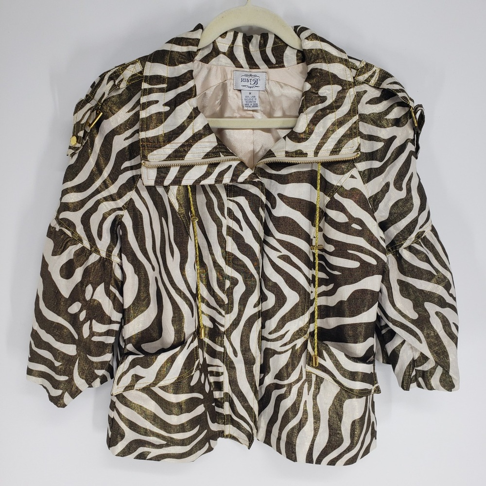Y2K Zebra Animal Print Jacket Women Size M Brown Cream Gold Metallic 100% Linen